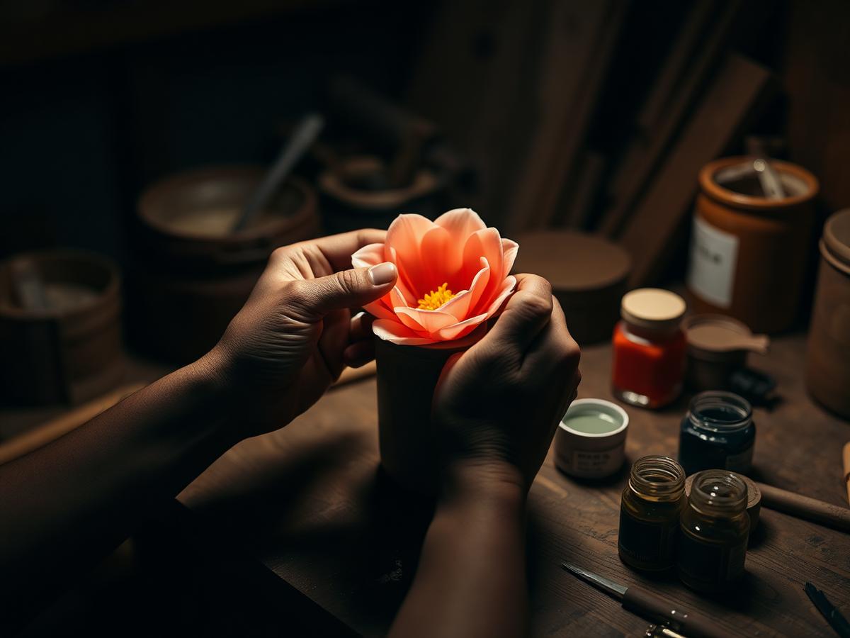 Hands shaping a wax flower petal at a candle workshop bench