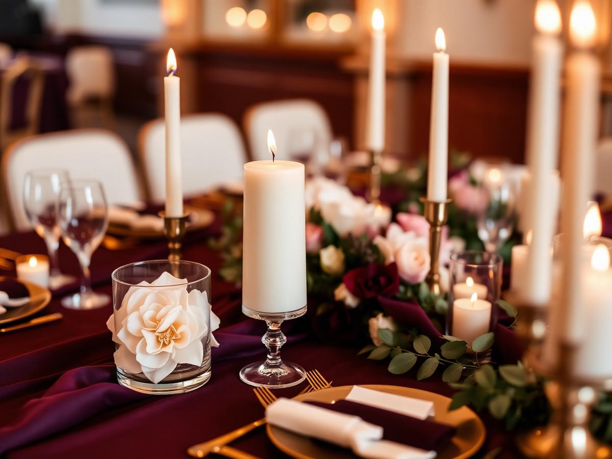Event table styled with handmade flower candles and soft gold details